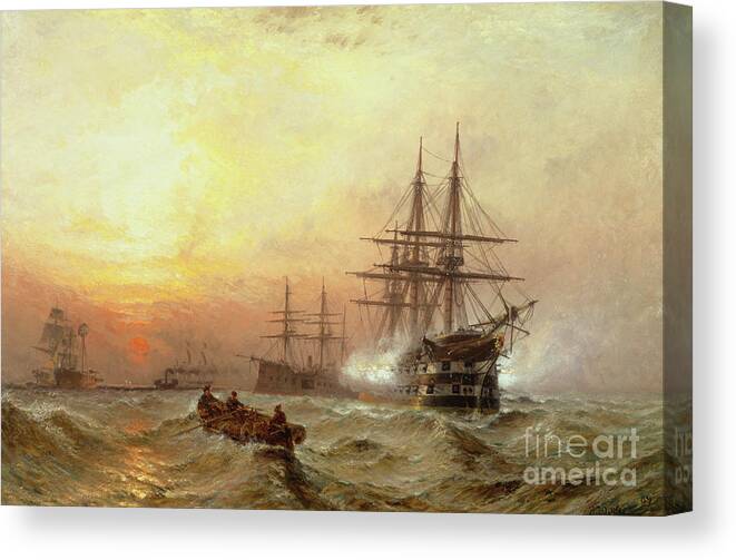 Man-o Canvas Print featuring the painting Man o War firing a salute at sunset by Claude T Stanfield Moore