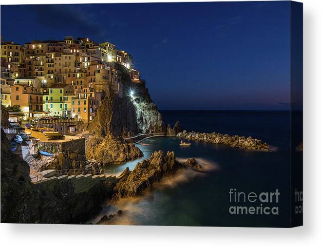 Cinque Terre Canvas Print featuring the photograph Manarola at Night by Jennifer Ludlum