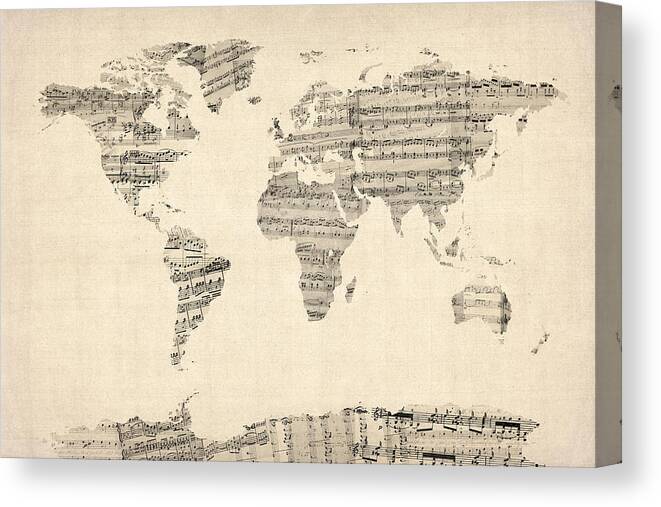 World Map Canvas Print featuring the digital art Map of the World Map from Old Sheet Music by Michael Tompsett