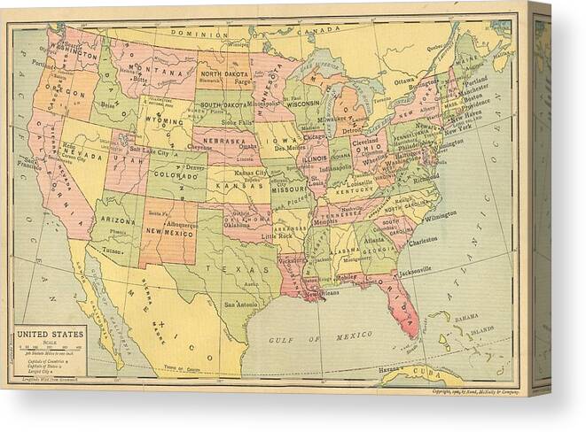 Map Canvas Print featuring the digital art Map USA 1909 by Digital Art Cafe