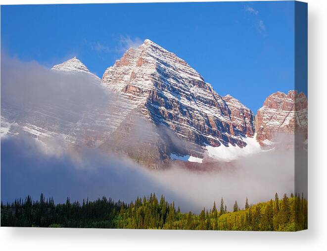 Maroon Bells Canvas Print featuring the photograph Maroon Peak Lifting Fog by Darren White