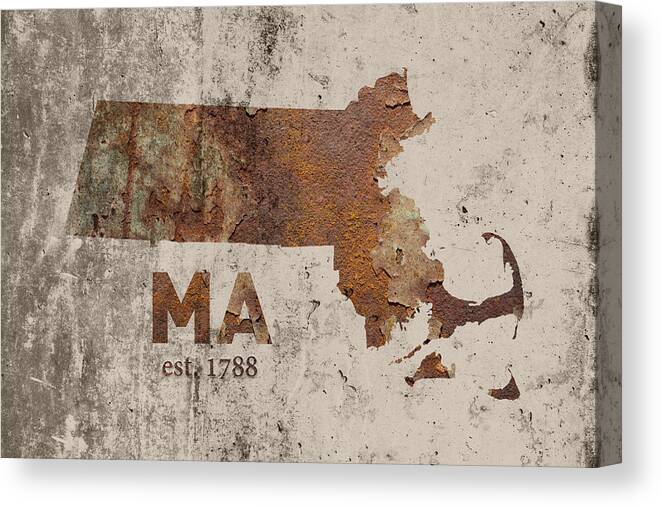Massachusetts Canvas Print featuring the mixed media Massachusetts State Map Industrial Rusted Metal on Cement Wall with Founding Date Series 016 by Design Turnpike