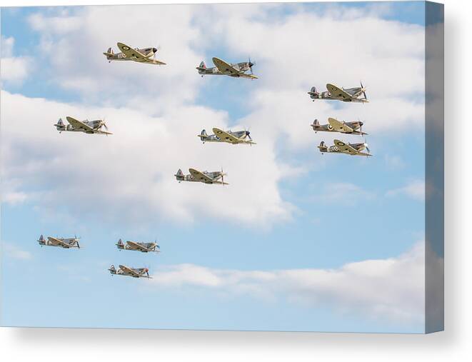 Duxford Battle Of Britain Airshow 2015 Canvas Print featuring the photograph Massed Spitfires by Gary Eason