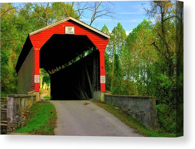 Foxcatcher Farms Covered Bridge Canvas Print featuring the photograph MD Covered Bridges - Foxcatcher Farms Covered Bridge Over Big Elk Creek No. 2A - Cecil County by Michael Mazaika