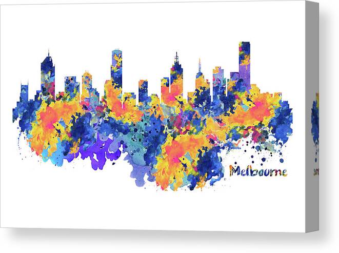 Marian Voicu Canvas Print featuring the painting Melbourne Watercolor Skyline by Marian Voicu