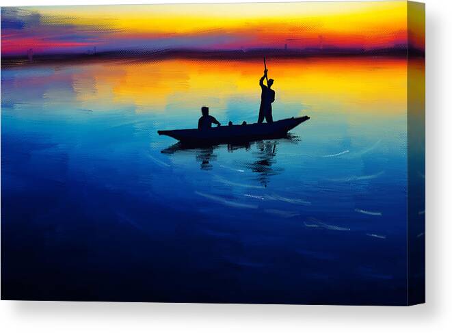 Men Fishing in A Kayak at Sunset - Dramatic Painting Canvas Print / Canvas  Art by Jean-Pierre Prieur - Pixels