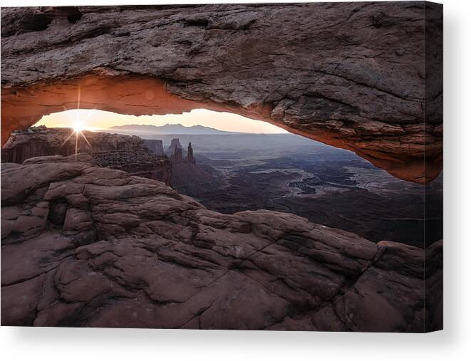Mesa Arch Sunrise Canyonlands National Park Moab Utah Canvas Print featuring the photograph Mesa Arch Sunrise 3rd Edition - Canyonlands National Park - Moab Utah by Gregory Ballos