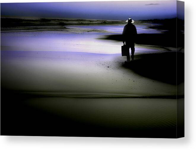 Man Walking On The Beach Canvas Print featuring the photograph Midnight Wanderer by Gray Artus