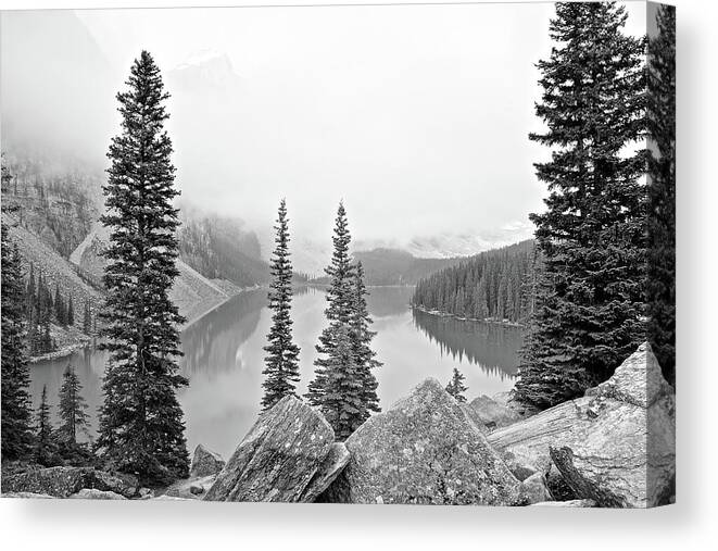 Lake Canvas Print featuring the photograph Misty Morning Black and White by Frozen in Time Fine Art Photography