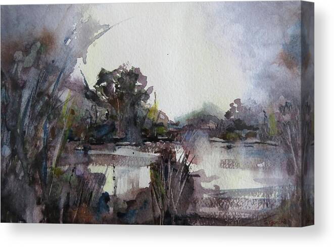 Painting Canvas Print featuring the painting Misty Pond by Geni Gorani
