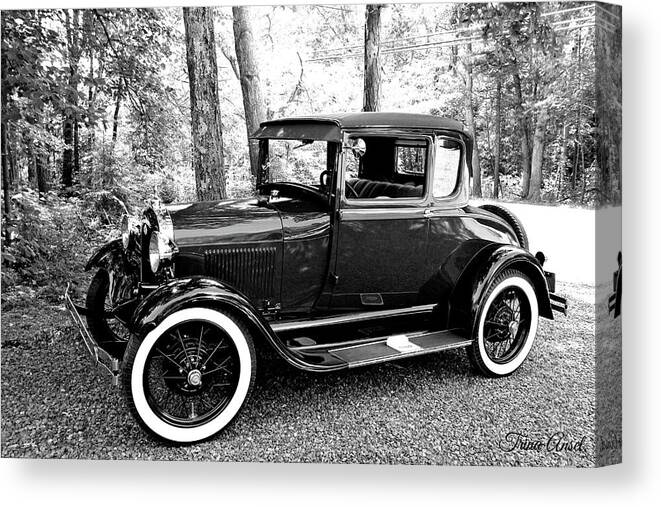 Cars Canvas Print featuring the photograph Model A in Black and White by Trina Ansel
