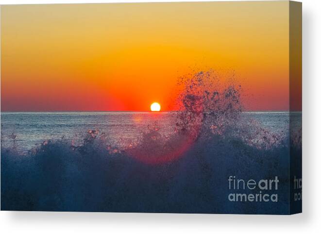 Atlantic Ocean Rehoboth Beach Deleware Nature Sunrise Pier Wave Frothy Sun Red Orange Canvas Print featuring the photograph Moment in Time by Allan Levin