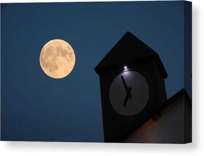 Moon Canvas Print featuring the photograph Moon and Clock Tower by Pat Moore