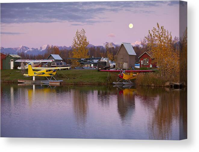 Airplane Canvas Print featuring the photograph Moonrise at Lake Hood by Tim Grams