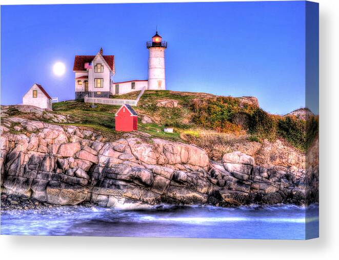 Nubble Light Canvas Print featuring the photograph Moonrise at Nubble Light by Don Mercer