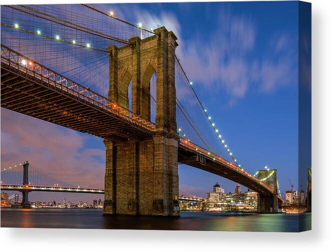 Manhattan Canvas Print featuring the photograph Moonrise over Brooklyn Bridge by Randy Lemoine