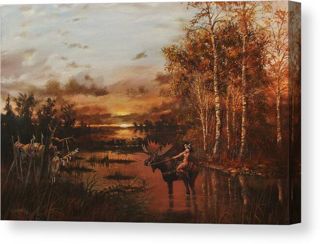 Autumn Canvas Print featuring the painting Moose Rider by Tom Shropshire