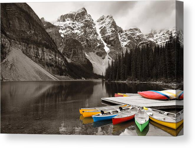 Banff Canvas Print featuring the photograph Moraine Lake boat by Songquan Deng