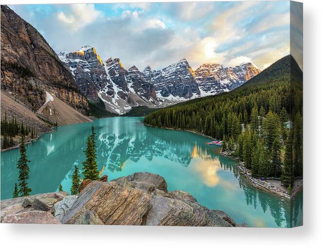 Lake Canvas Print featuring the photograph Moraine Lake Sunset by Mike Centioli