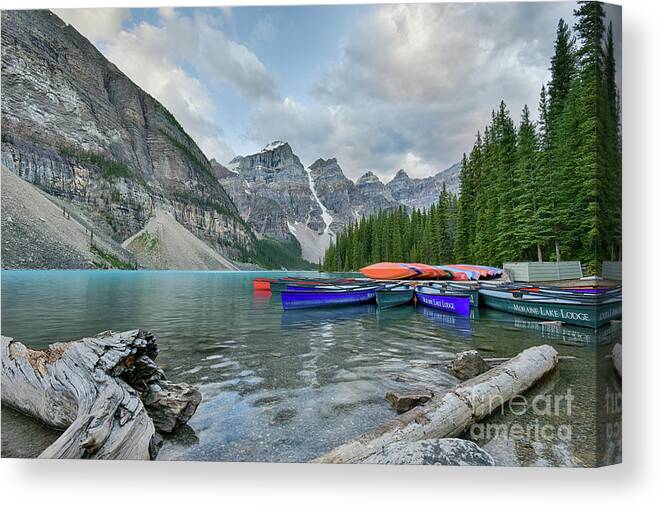 Moraine Lake Canvas Print featuring the photograph Moraine logs and canoes by Paul Quinn
