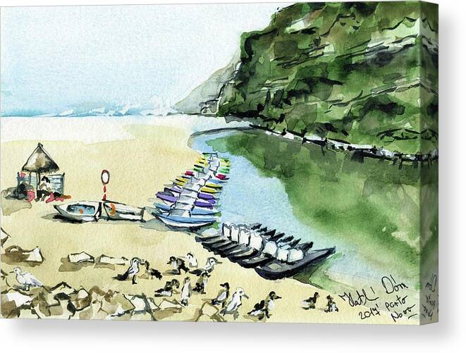 Portugal Canvas Print featuring the painting Morning At Porto Novo Beach by Dora Hathazi Mendes