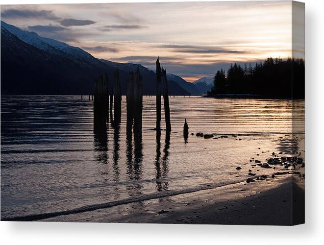 Piling Canvas Print featuring the photograph Morning at Sandy Beach by Cathy Mahnke