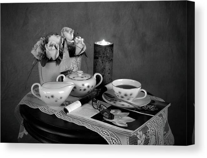 Morning Canvas Print featuring the photograph Morning Coffee and Reading Magazine Time by Sherry Hallemeier