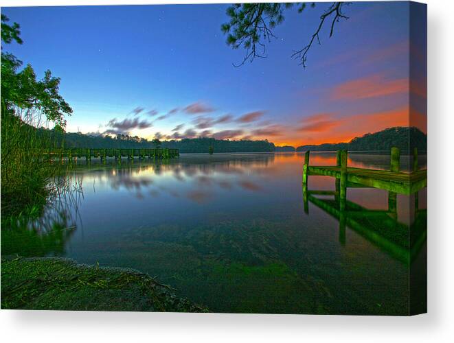 Sky Water Lake Pond Pier Stars Cloud Clouds Tree Trees Shore Beach Canvas Print featuring the photograph Morning Star by Robert Och