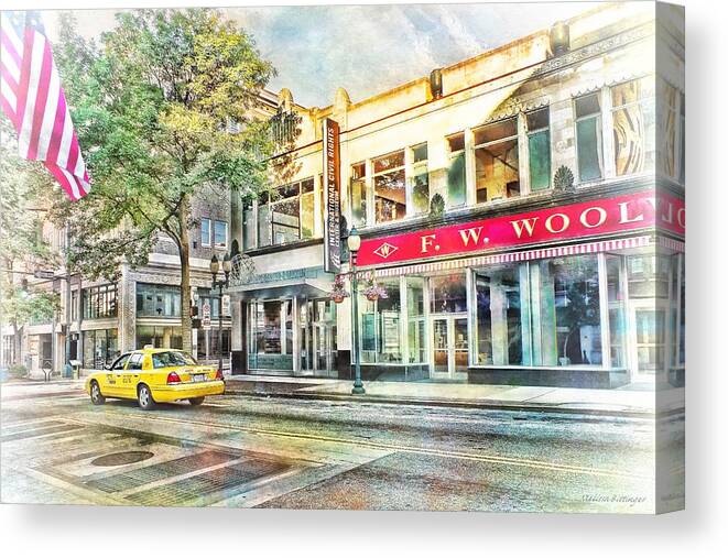 Downtown Canvas Print featuring the photograph Morning Taxi Downtown Urban Scene by Melissa Bittinger