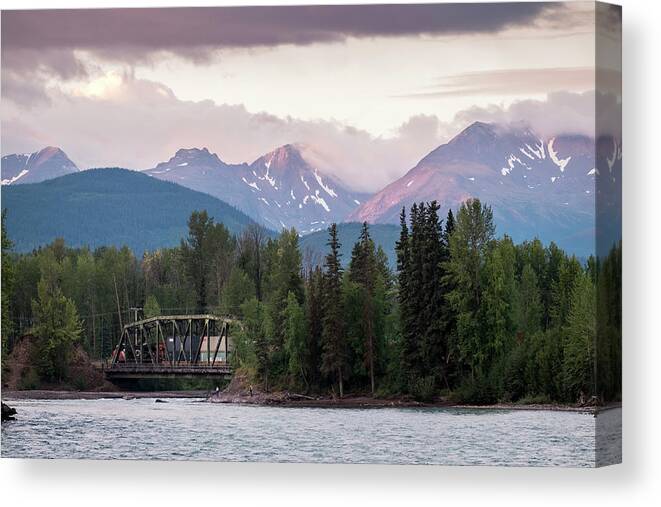 Landscapes Canvas Print featuring the photograph Morning Train at the Bulkley by Mary Lee Dereske
