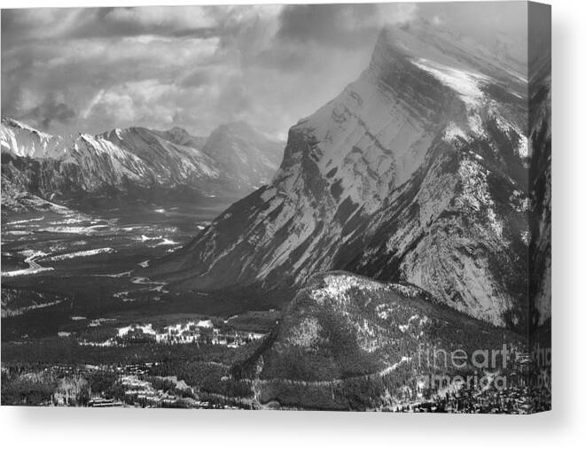 Norquay Canvas Print featuring the photograph Mt. Rundle And The Canadian Rockies Black And White by Adam Jewell