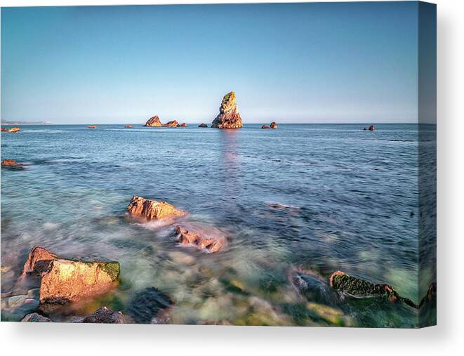 Lulworth Cove Canvas Print featuring the photograph Mupe Rock in the Waves by Framing Places