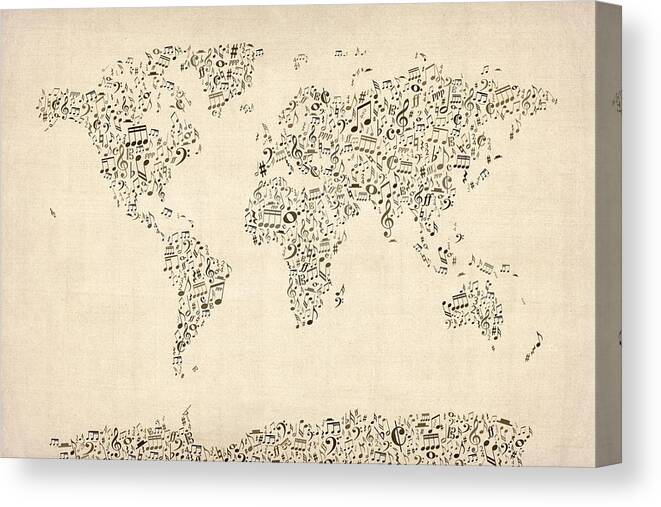 World Map Canvas Print featuring the digital art Music Notes Map of the World Map by Michael Tompsett