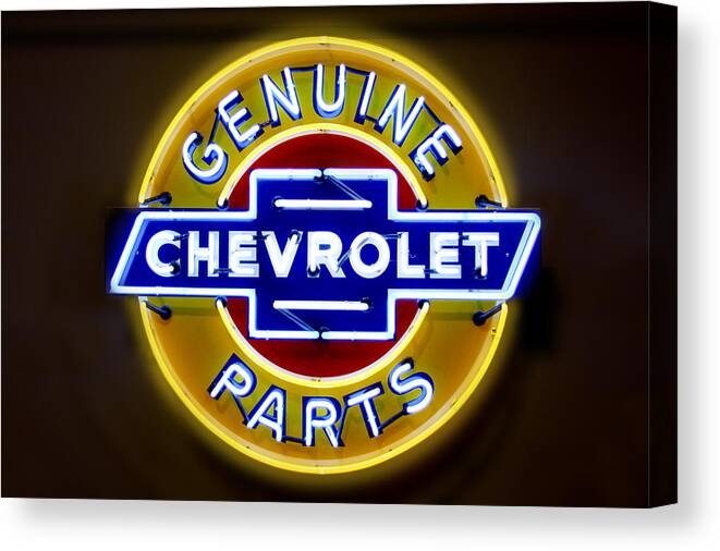Neon Sign Canvas Print featuring the photograph Neon Genuine Chevrolet Parts Sign by Mike McGlothlen
