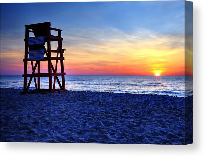 Beach Sunrise Canvas Print featuring the photograph New Day On The Beach by Carol Montoya