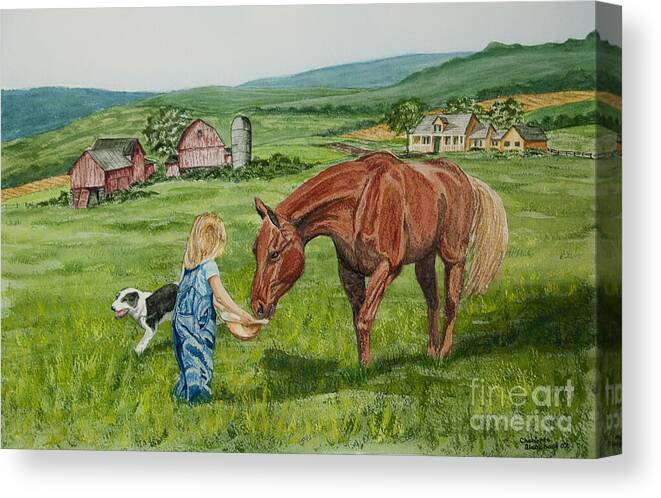 Country Kids Art Canvas Print featuring the painting New Friends by Charlotte Blanchard