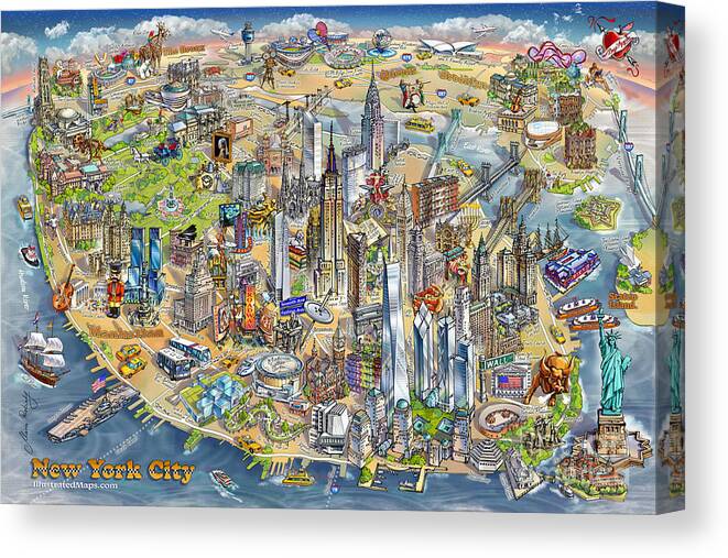 Manhattan Canvas Print featuring the painting New York City Illustrated Map by Maria Rabinky