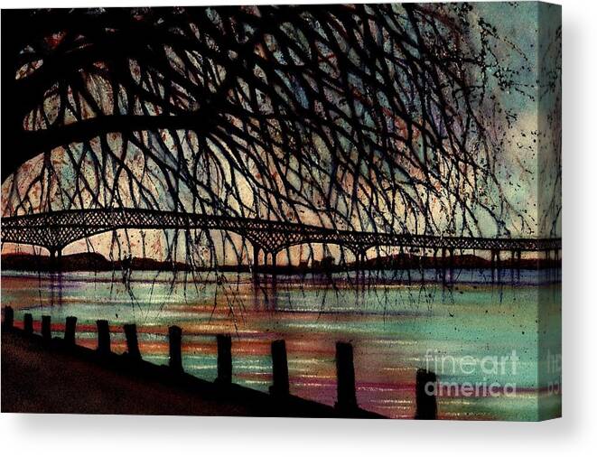 Bridge Canvas Print featuring the painting Newburgh - Beacon Bridge Evening sky - Custom Cropped by Janine Riley