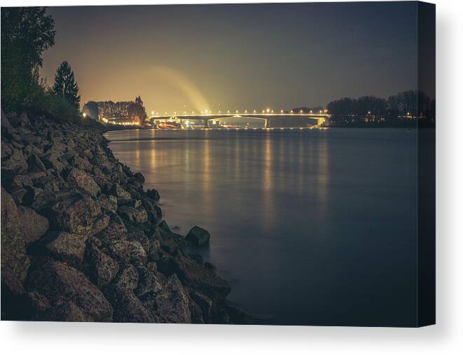 Worms Canvas Print featuring the photograph Nibelungenbruecke at Night by Marc Braner
