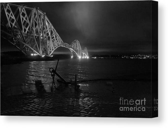Monochrome Night Bridge Canvas Print featuring the photograph Night on the Other Side by Elena Perelman