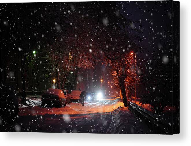 Jenny Rainbow Fine Art Photography Canvas Print featuring the photograph Night Street. Snowy Days in Moscow by Jenny Rainbow