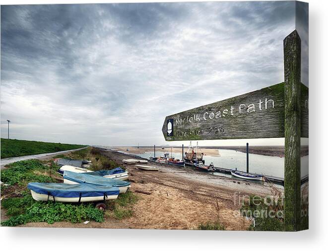 Norfolk Canvas Print featuring the photograph Norfolk coastal path sign and boats by Simon Bratt