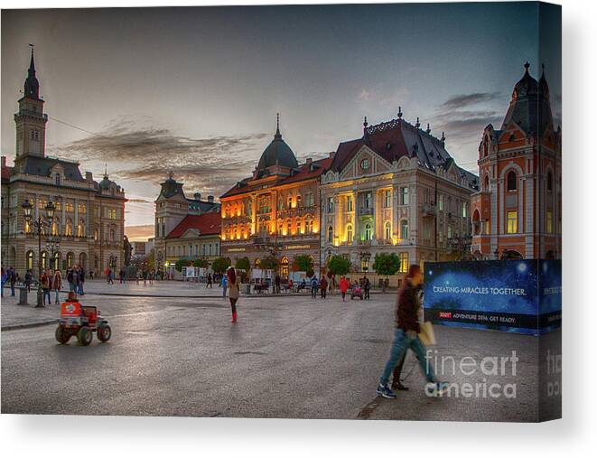 Art Photography Canvas Print featuring the photograph Novi Sad Liberty Square at twilight by Jivko Nakev