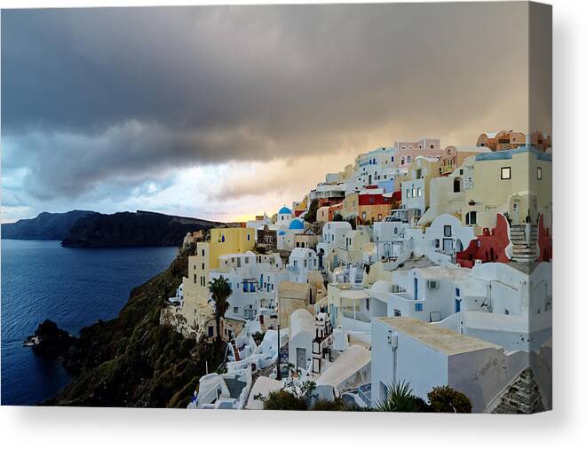 Sunset Canvas Print featuring the photograph Oia Santorini Sunset by Adam Rainoff