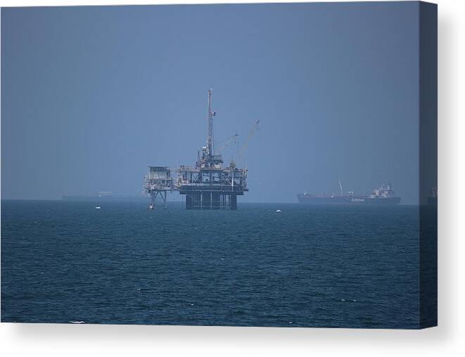 Oil Rig Canvas Print featuring the photograph Oil Rig on Pacific in Haze by Colleen Cornelius