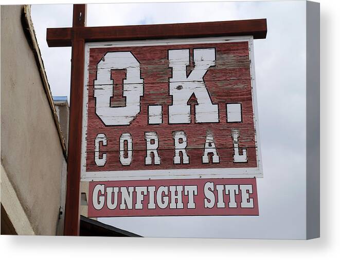 Tombstone Canvas Print featuring the photograph OK Corral Sign Tombstone by Mary Bedy