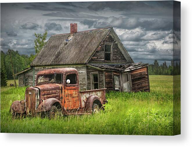 Landscape Canvas Print featuring the photograph Old Abandoned Pickup by run down Farm House by Randall Nyhof
