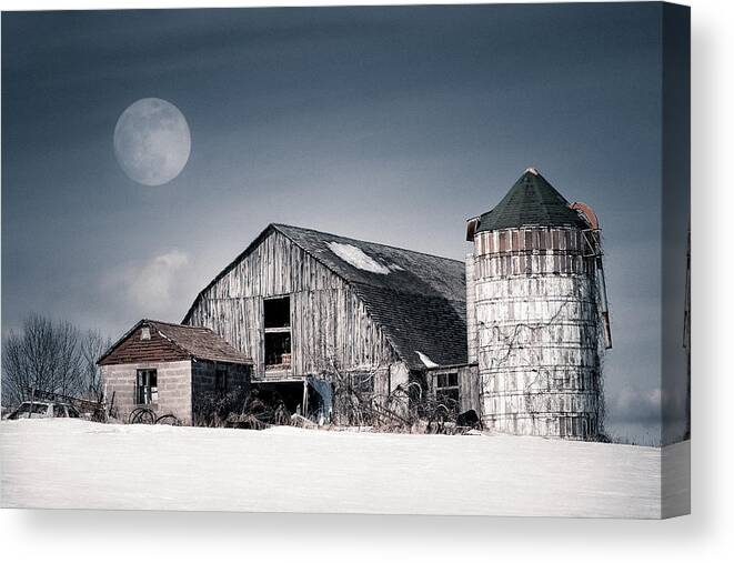 Barn Canvas Print featuring the photograph Old Barn and winter moon - Snowy Rustic Landscape by Gary Heller