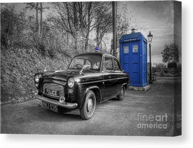 Art Canvas Print featuring the photograph Old British Police Car And Tardis by Yhun Suarez