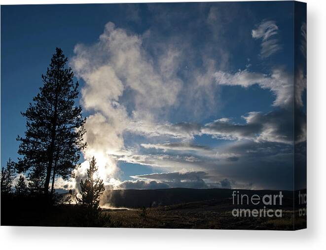 Old Faithfull Canvas Print featuring the photograph Old Faithfull at sunset by Cindy Murphy - NightVisions
